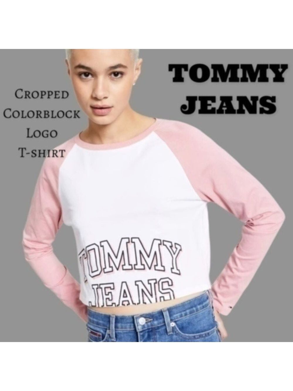 TOMMY JEANS NWT Cropped Cotton Color Block Logo T-Shirt-Pink & White/XL